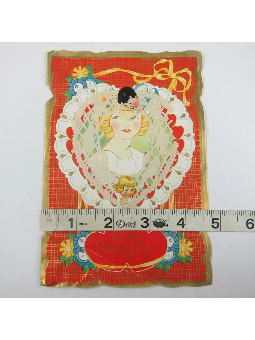 Antique Valentine Art Deco Blonde Girls Boy Flowers Gold Embossed Die cut Bifold